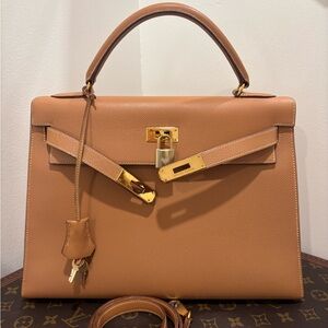 Authentic HERMES KELLY 32 courchevel leather natural with strap